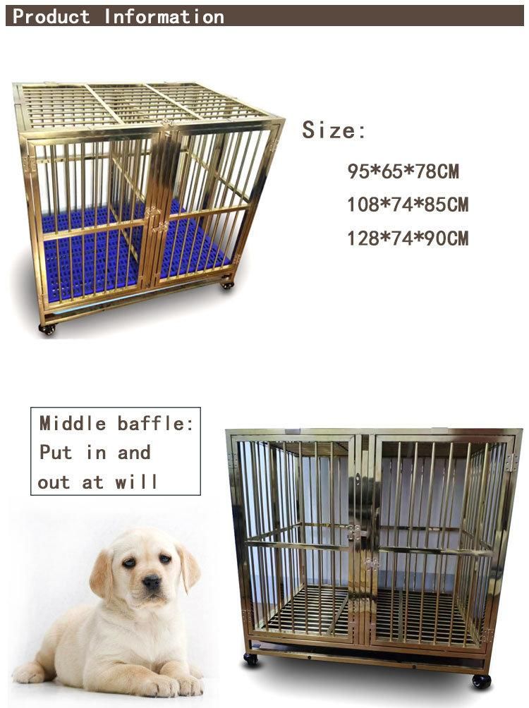 Wholesale Heavy Duty Stainless Steel Gold Double Doors Dog Cage Kennels with Wheels