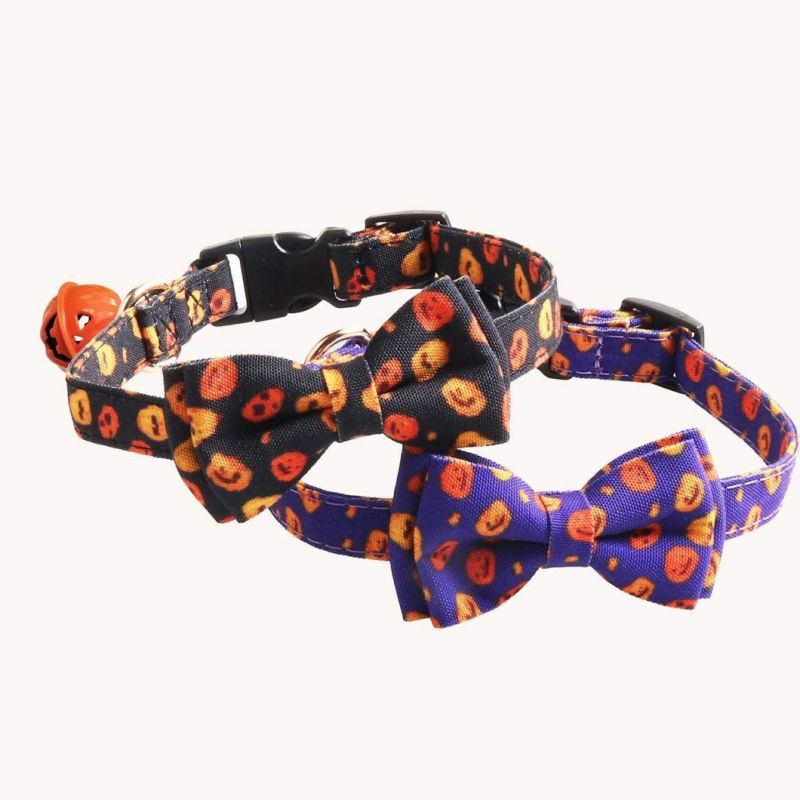 Halloween Dog Collars, Adjustable Pumpkin Ghost Dog Collars with Bow Tie and Bells