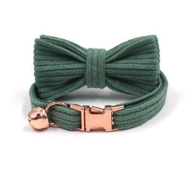 Unique Design Factory Price Cute Cat Collar with Bell Matched Bow Tie Custom Dark Green Corduroy Personalized Kitten Collars