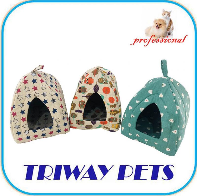 Printed Faux Linen Soft Pyramid Hut Pet Bed