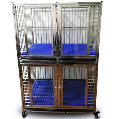 Four Wheels Dog Cages Large Breed Stainless Steel Kennels Heavy Duty Glass Door
