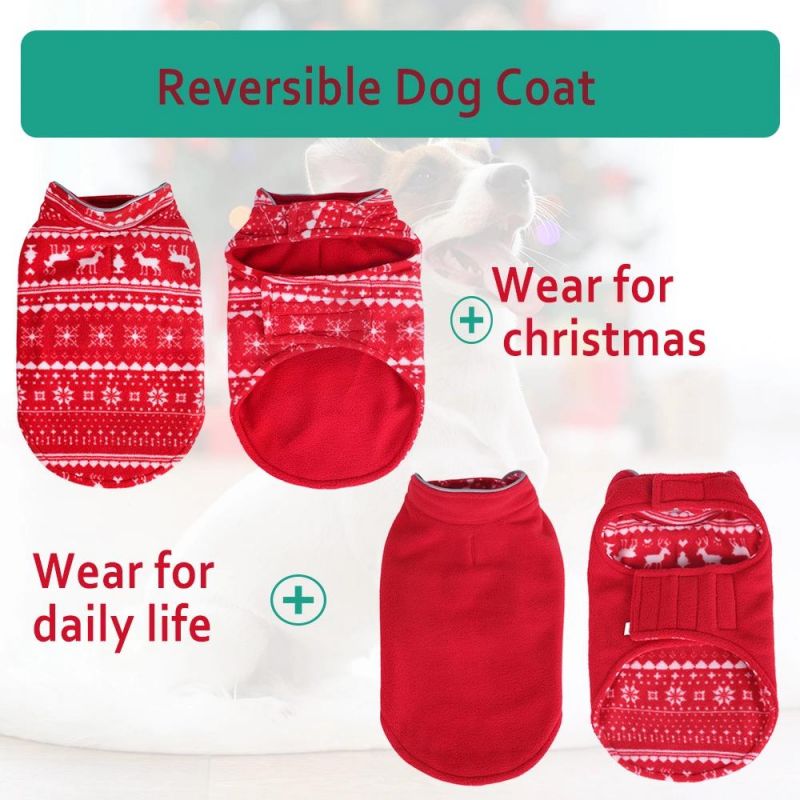 Classic Christmas Pattern Reversible Wear Pet Polar Fleece Jacket Dog Winter Warm Outwear Dog Adjustable Freely Fleece Clothes