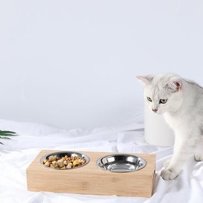 Bamboo Pet Feeder Stainless Steel Bowl Food Water Dish