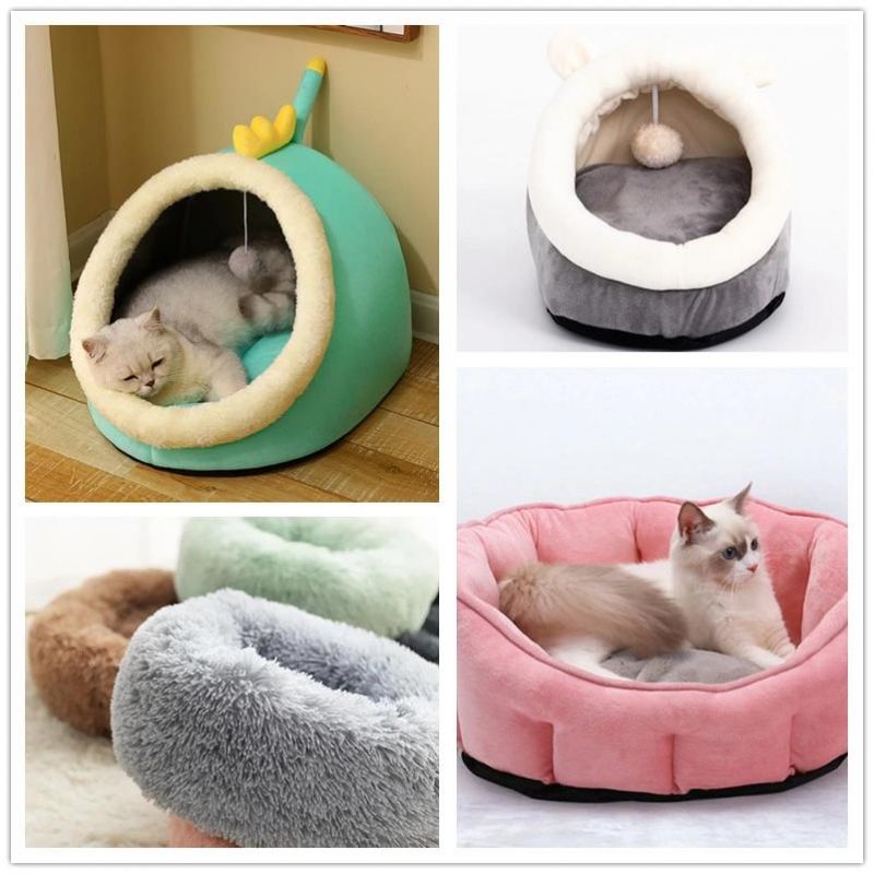Plush Pet Bed Soft Warming Round Pet Beds for Cats Soft Cushion Cozy Red Cat Nest Pet Cat Bed
