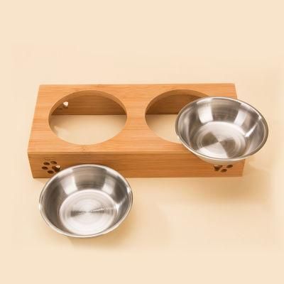 Bamboo Pet Feeder Stainless Steel Bowl Food Water Dish Custom
