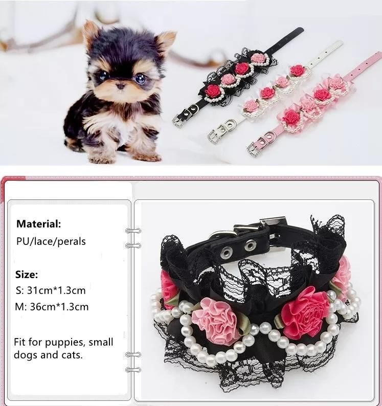 Flower Lace Pearl Designers PU Leather Dog Collar Pink Cat Collar Necklace Pet Accessories Supplies