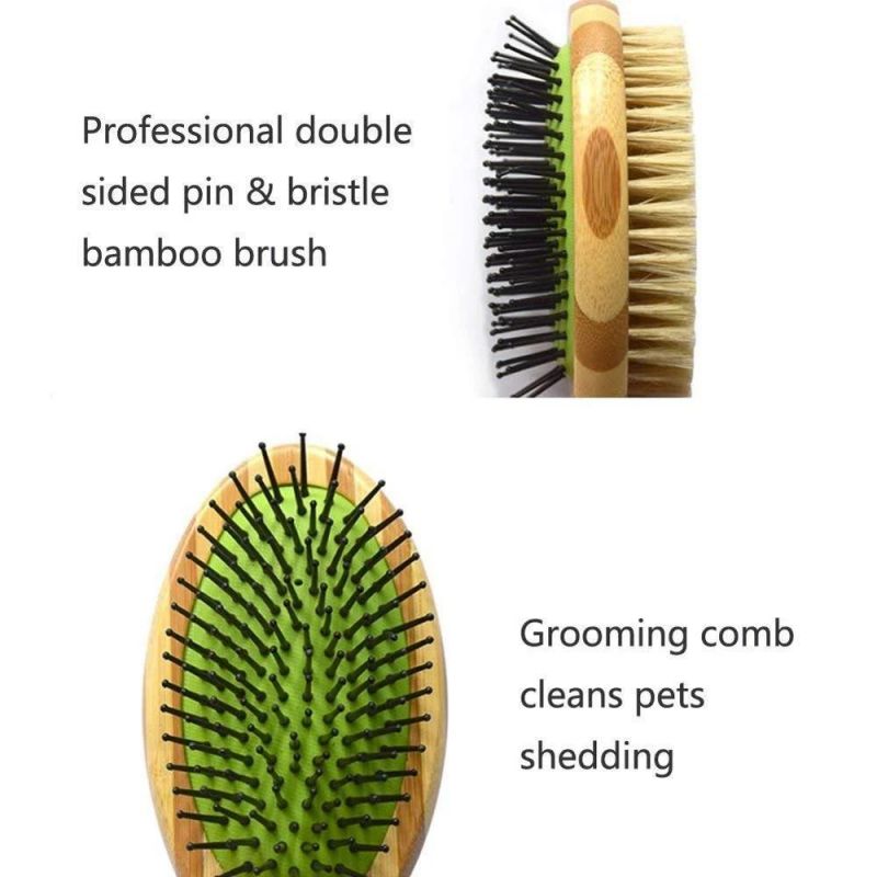 Double Sided Pet Grooming Bath Brush Natural Bristle Bamboo Comb Removes Loose Fur & Dirt