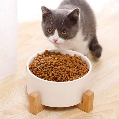 Ceramic Cat Bowl with Wood Stand No Spill Pet Food Water Feeder Cats Small Dogs