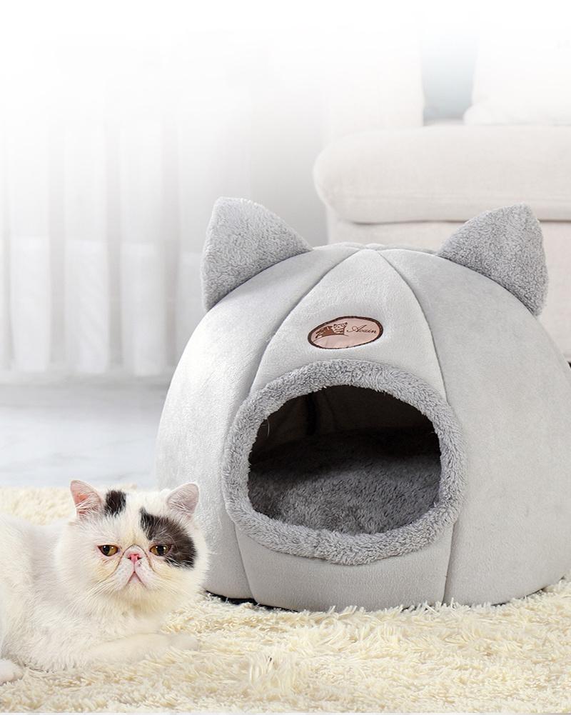 2-in-1 Foldable Cat Bed Kitten Cage Nest Indoor Cave House with Removable Soft Mat