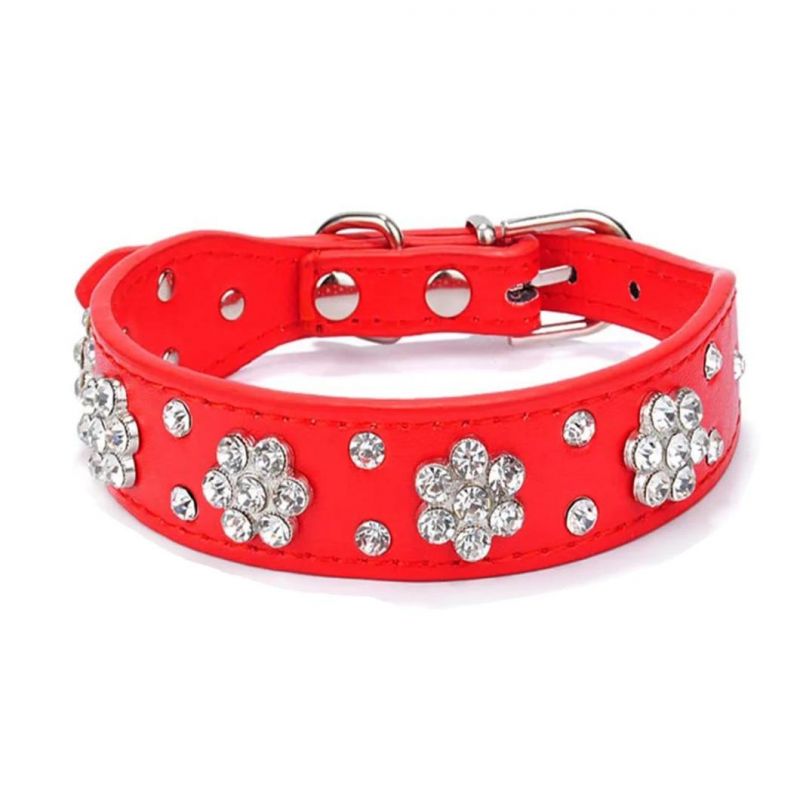 Rhinestones Flower Dog Collars Crystal Diamonds Studded PU Leather Pet Collar