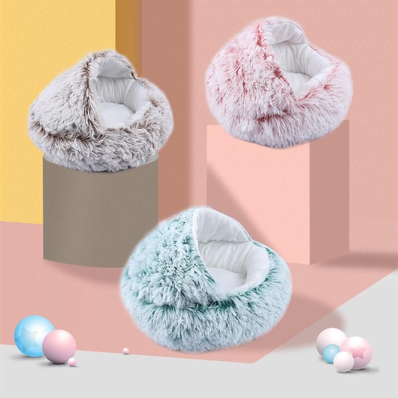 Cat Bed Round Long Plush Cat House Cave Pet Cushion