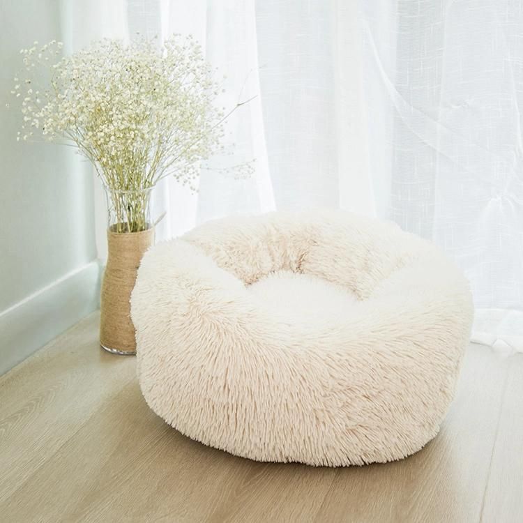 Hotsale Cute Cushion Soft Warm Colorful Long Plush Round Kennel Doughnut Dog Cat Pet Bed