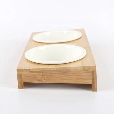 Bamboo Pet Bowl Double Ceramic Pet Bowl Dog &amp; Cat Bowl