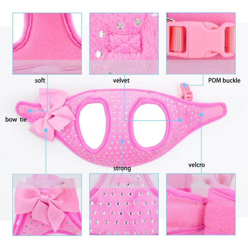 High Quality Luxury Soft Comfortable Diamond Pink Velvet Dog Harness for Small Dog