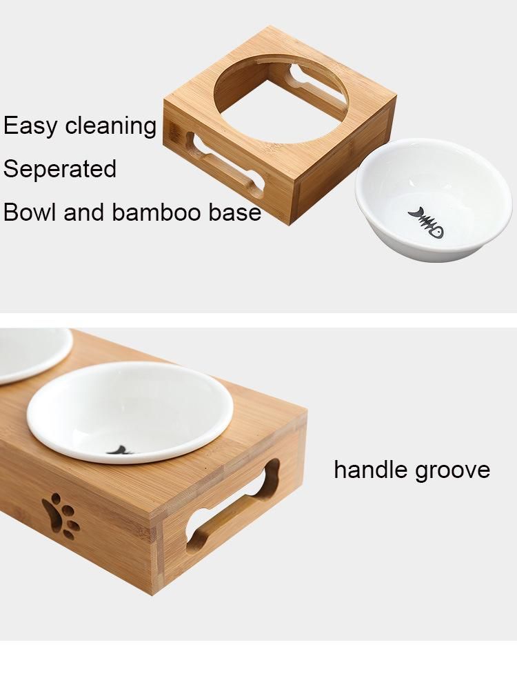 Pet Supplies Bamboo Wood Protect Cervical Spine Water Food Feeder Cat Dog Double Bowl with Wooden Frame and Stainless Steel Bowl