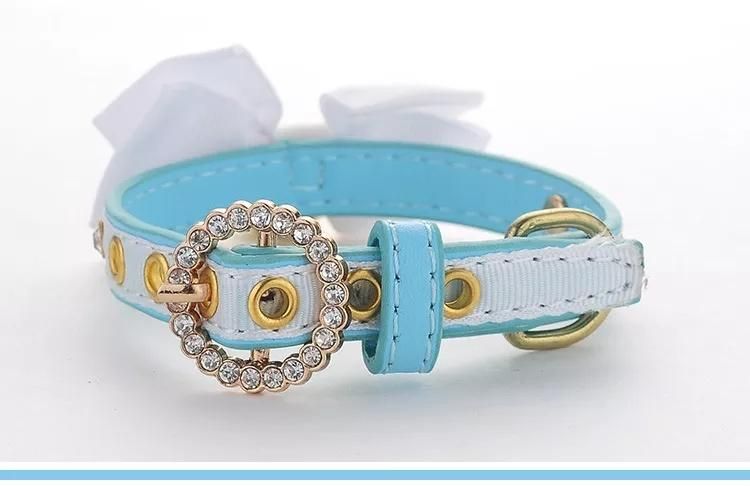 Fashion Jeweled Blue Bow Leather Dog Collars for Cat Small Dog Collares Necklace Designers Pet Accessories