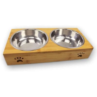 Dog and Cat Basic Feeding and Water Bowl Suitable for Small and Medium Pets, Wooden Bowl Rack, with Stainless Steel Bowl