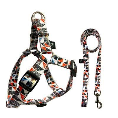 2021 New Breathable Fancy Luxury Polyester Geometric Pattern Metal Dog Hook Dog Leash and Harness Set