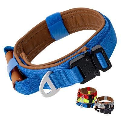 Adjustable Metal Buckle Easy Control Soft Cowhide Padded Tactical Dog Collar with Traffic Handle