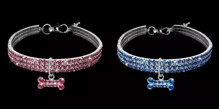 Wholesale 3 Rows Rhinestone Elastic Pet Crystal Necklace Dog Collar with Jewelry Tag