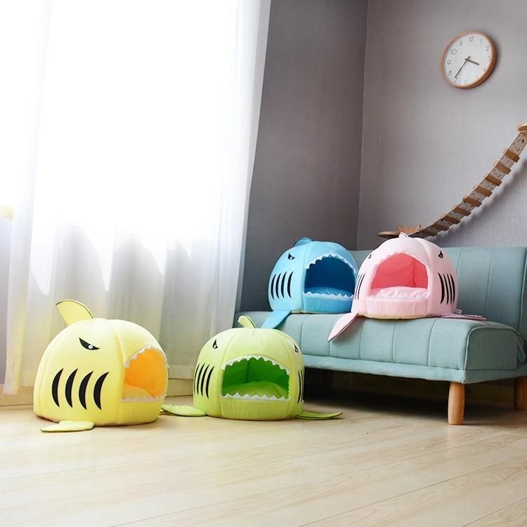 Popular Cartoon Shark Shaped Design Pet Keep Warm Beds Washable Detachable Pet Cat Cave Beds House