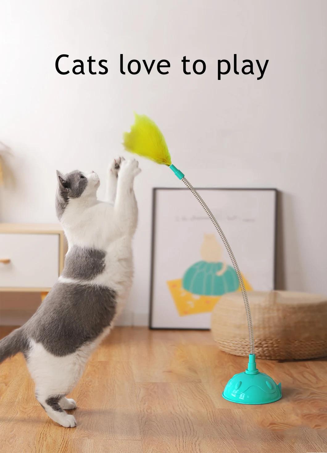 Wholesale Interactive Feather Toy Multicolor Cat Teaser Stick with a Bell Pet Tail Shape Wire Feather Cat Tickling Stick with Vacuum Cup