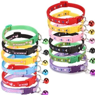 Wholesale Multi Colors Heart Shape Printed Adjustable Nylon Pet Cat Dog Collar with Bell