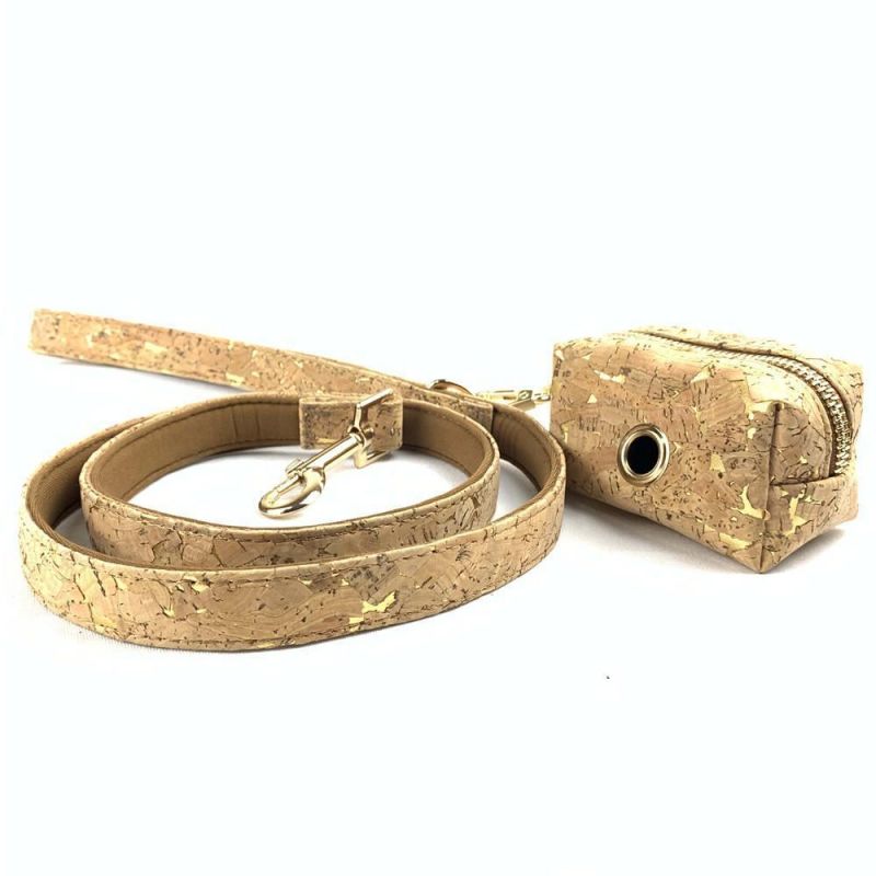 2021 New Eco Friendly Cork Leather Materials Hemp Webbing Dog Collar Leash and Harness Set with Poop Bag Dispenser