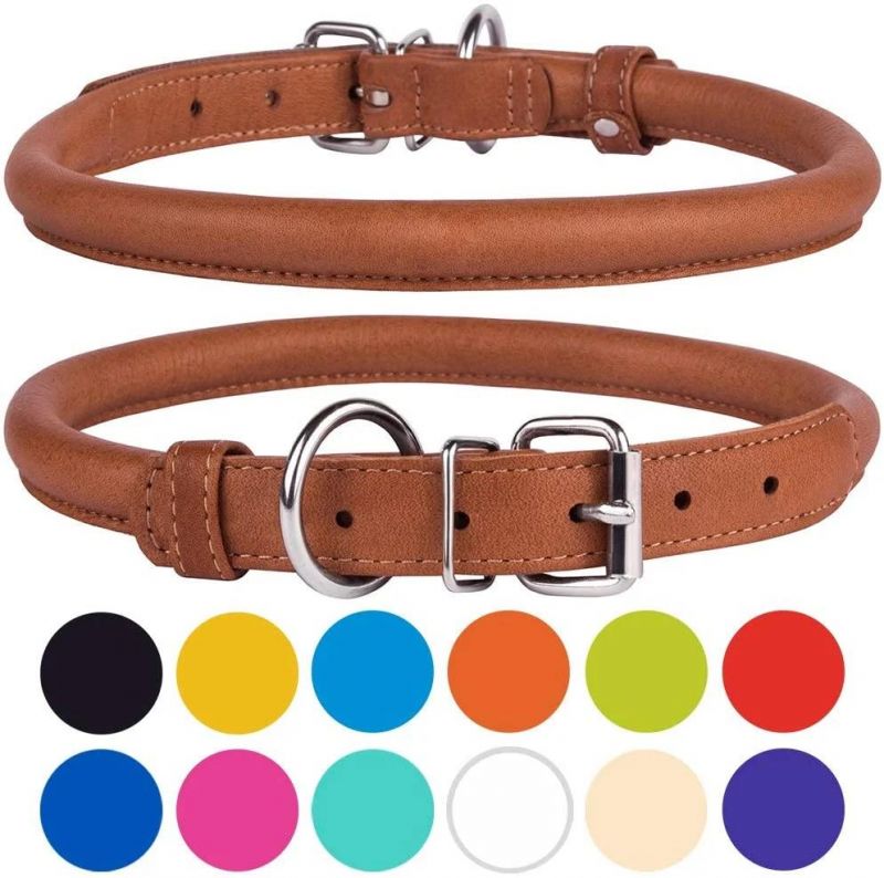 Rolled Round Leather Dog Collar, Soft Padded Round Puppy Collar, Handmade Genuine Leather Collar