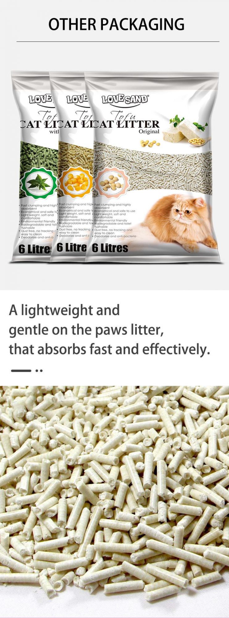 100% Biodegradable Environmental Tofu Kitty Cat Litter with Wholesale Prices