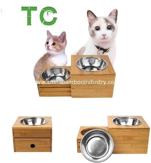 Wooden Dog Feeding Station with Drawer Double Dog Bowls Elevated Dog Feeder Raised Pet Bowls Wooden Pet Dog Bowl