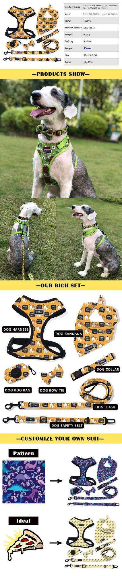 Custom Dog Harness Set Collar Adjustable Padded Sublimation Luxury Dog Chest Harness Pet Accessories for Dogs/Comfortable and Breathable/Waterproof