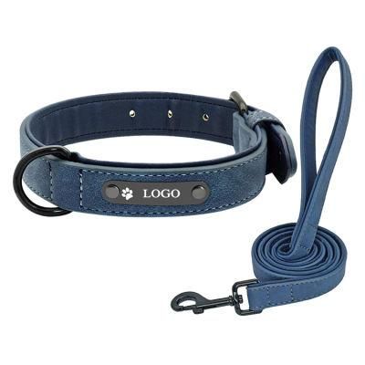 Hot Sales Custom Logo Soft Genuine Leather Padded Dog Collar and Leash Set for Walking Training