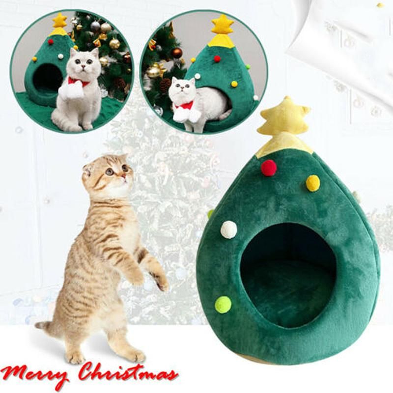 Cute Cat Pet Bed Cat Cave Half Closed Sleeping Bag Pet House Portable Christmas Cat House