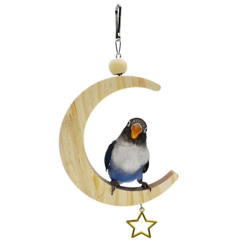 Toy for Small Birds Parakeet Hanging Swing Moon Shape Natural Wood Swing Bird Toys with Bells