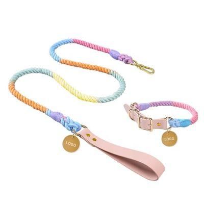 Custom Pet Collar Leash Set Ombre Braided Cotton Rope Rainbow Adjustable Soft PU Leather Dog Leash and Collar