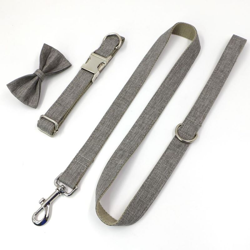 Wholesale Fashion Design Handsome Style Personalized Grey Cotton Webbing Pet Collars Leash Doggie Bow Tie Dog Collar Leash Sets