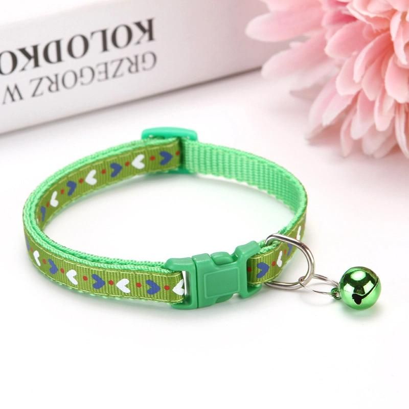Wholesale Multi Colors Heart Shape Printed Adjustable Nylon Pet Cat Dog Collar with Bell