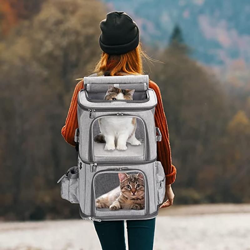 Double-Compartment Ventilated Cat Pet Carrier Backpack for Cats Dogs