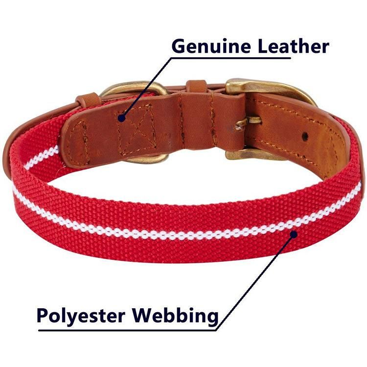 Multicolor Durable Genuine Leather Luxury Cowhide Nylon Pet Dog Collar with Copper Buckle