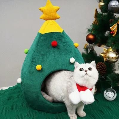 New Pet Cat Dog House Kennel Puppy Sleeping Bed Christmas Tree Shape Winter Warm Bed