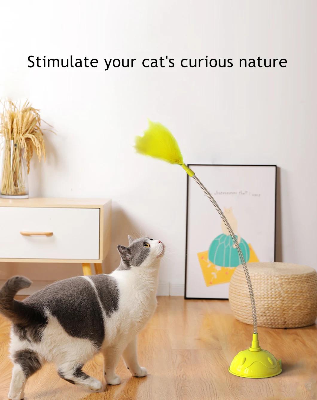Wholesale Interactive Feather Toy Multicolor Cat Teaser Stick with a Bell Pet Tail Shape Wire Feather Cat Tickling Stick with Vacuum Cup