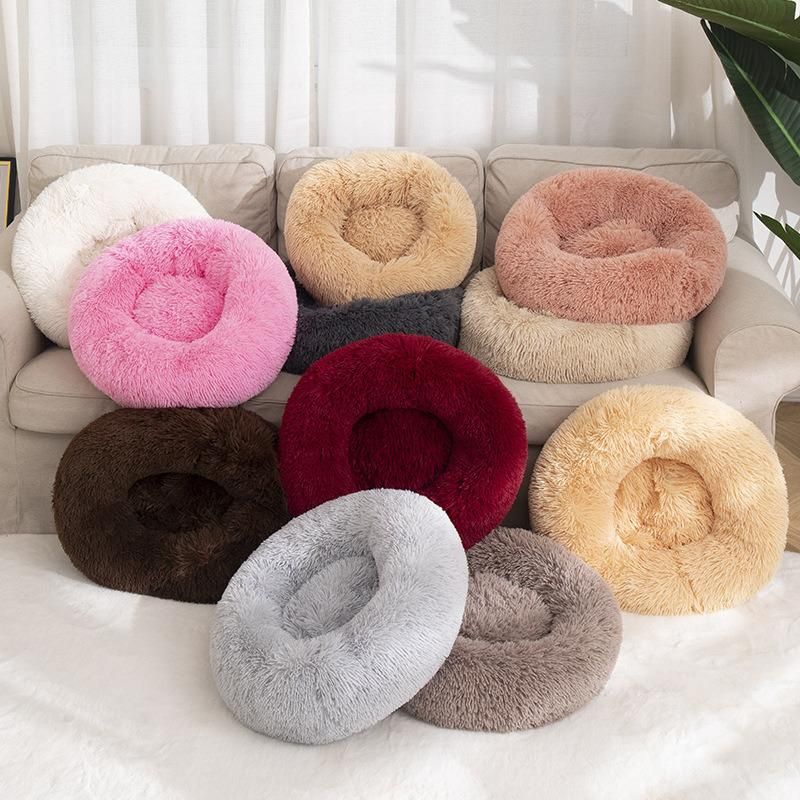 Plush Faux Fur Donut Cuddler Cat Dog Bed, Throw Blanket Cushion for Pet (Multiple Sizes & Colors)
