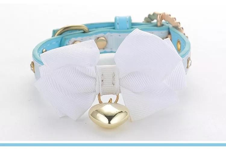 Fashion Jeweled Blue Bow Leather Dog Collars for Cat Small Dog Collares Necklace Designers Pet Accessories