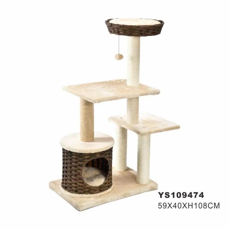 42.5" Tall Medium Cat Stand Condo House Rattan Cat Tree