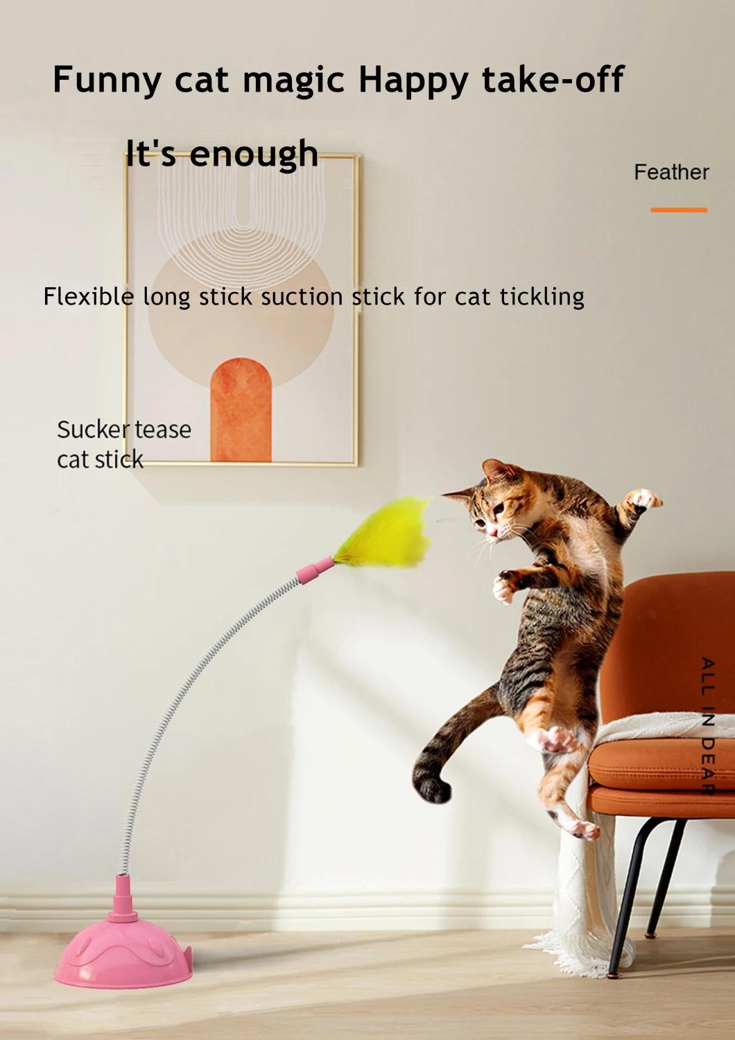 Wholesale Interactive Feather Toy Multicolor Cat Teaser Stick with a Bell Pet Tail Shape Wire Feather Cat Tickling Stick with Vacuum Cup