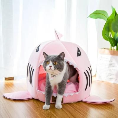 Popular Cartoon Shark Shaped Design Pet Keep Warm Beds Washable Detachable Pet Cat Cave Beds House