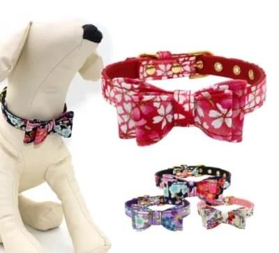 Bow Tie Floral Pattern Print Cotton Dog Collar
