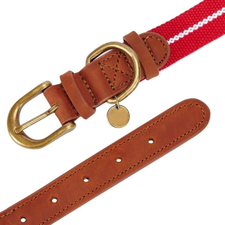 Multicolor Durable Genuine Leather Luxury Cowhide Nylon Pet Dog Collar with Copper Buckle