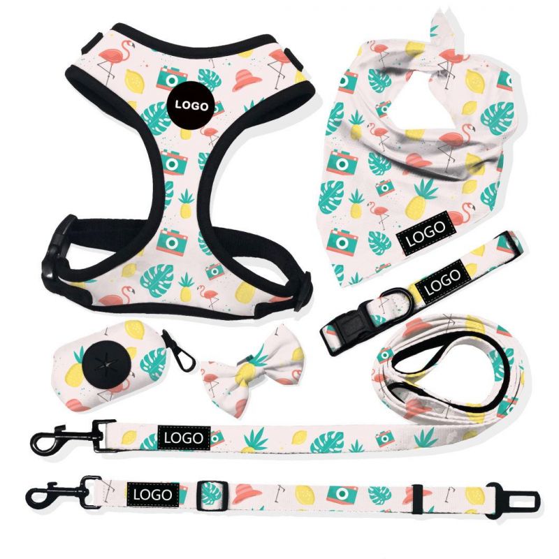 Flamingo Custom Design Dog Harness Set Within Cushioned Air Mesh Neoprene Dog Collar Polyester Dog Bandana Bow Tie